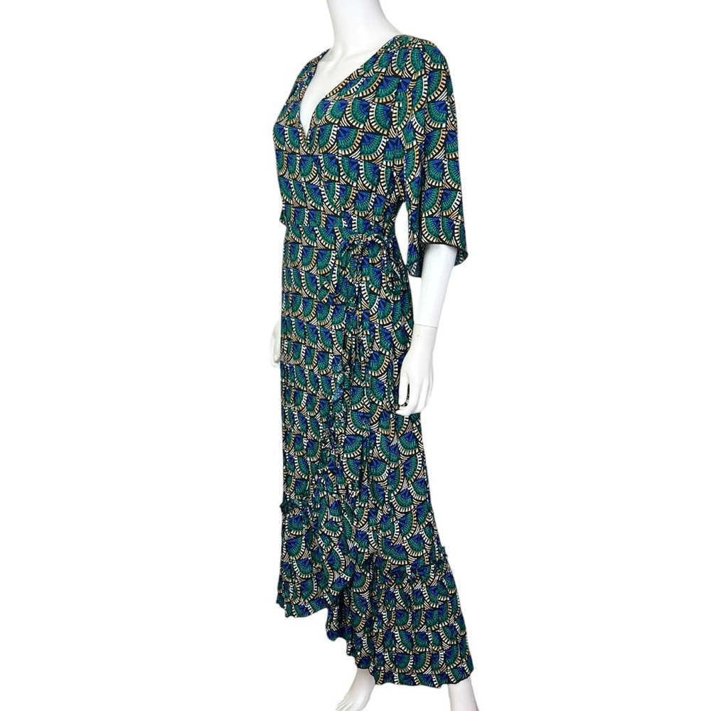 Printed V-Neck Midi Dress in Teal and Navy - Picture 5 of 10